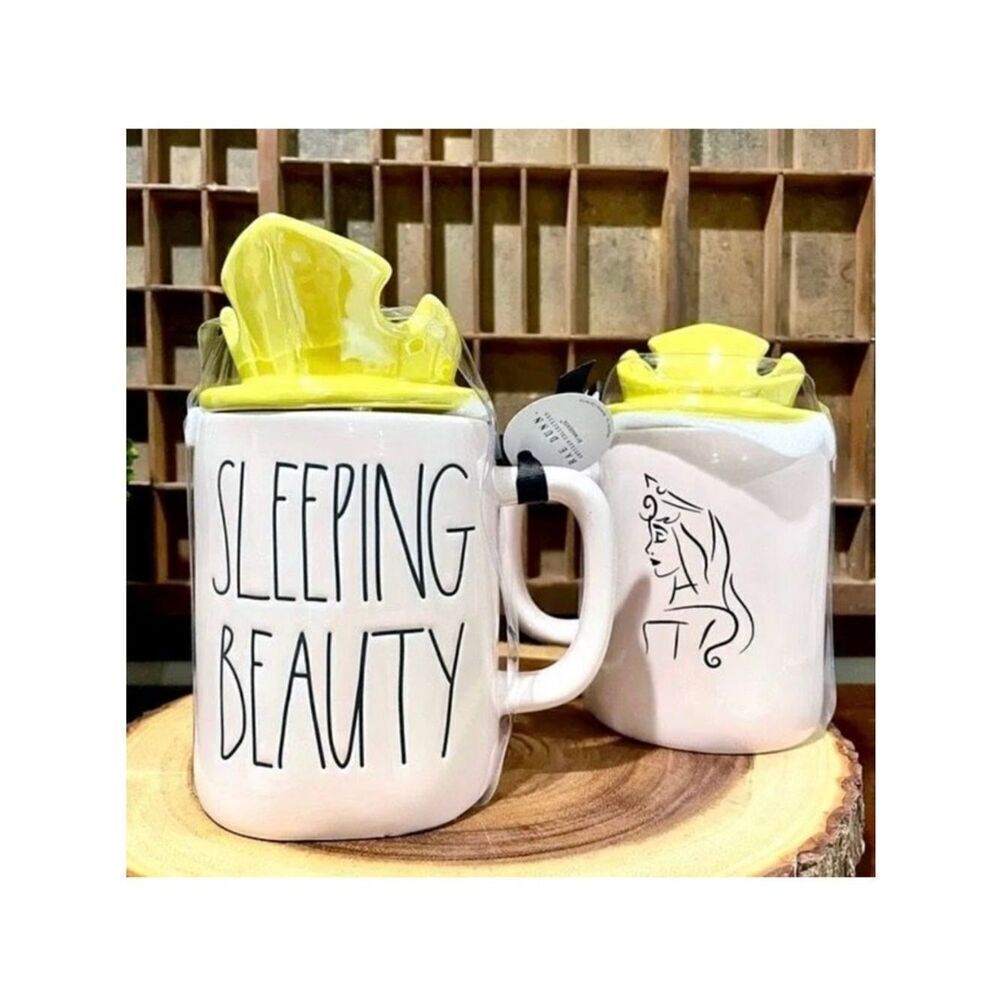 NWT Rae Dunn Disney Sleeping Beauty Yellow Iridescent Crown Topper Lid Mug